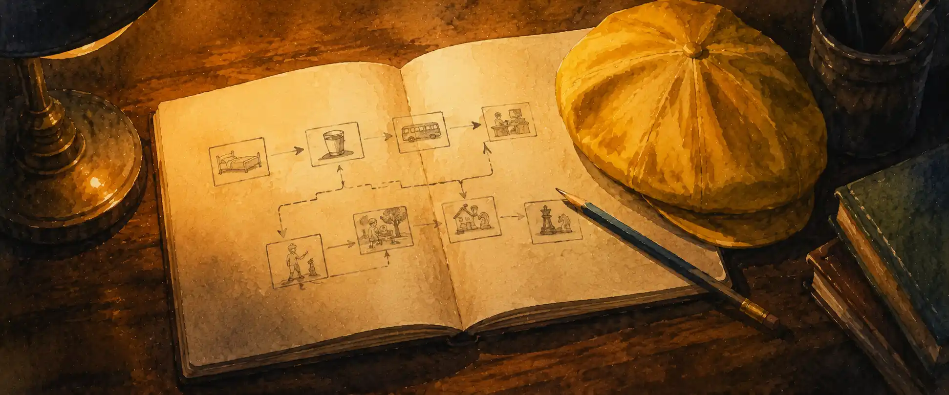 A notebook with a hand-drawn flow chart of a day's journey, a pencil resting on it