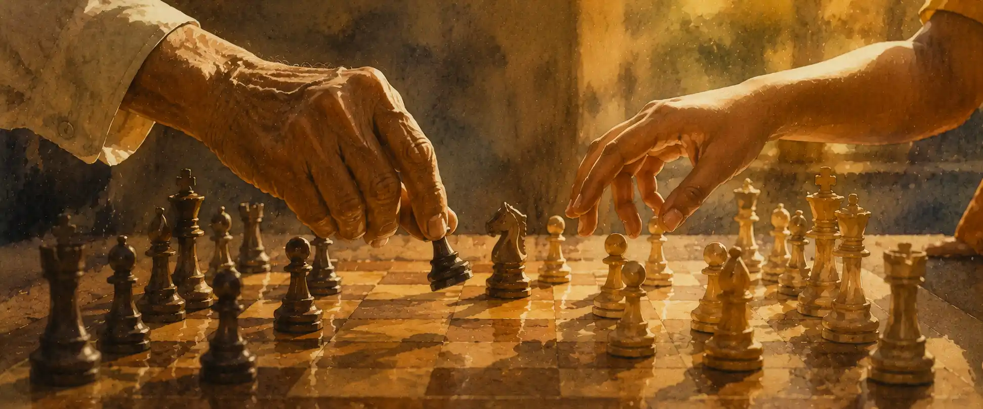 An old pair of hands and a young pair of hands meeting over a chessboard, warm light