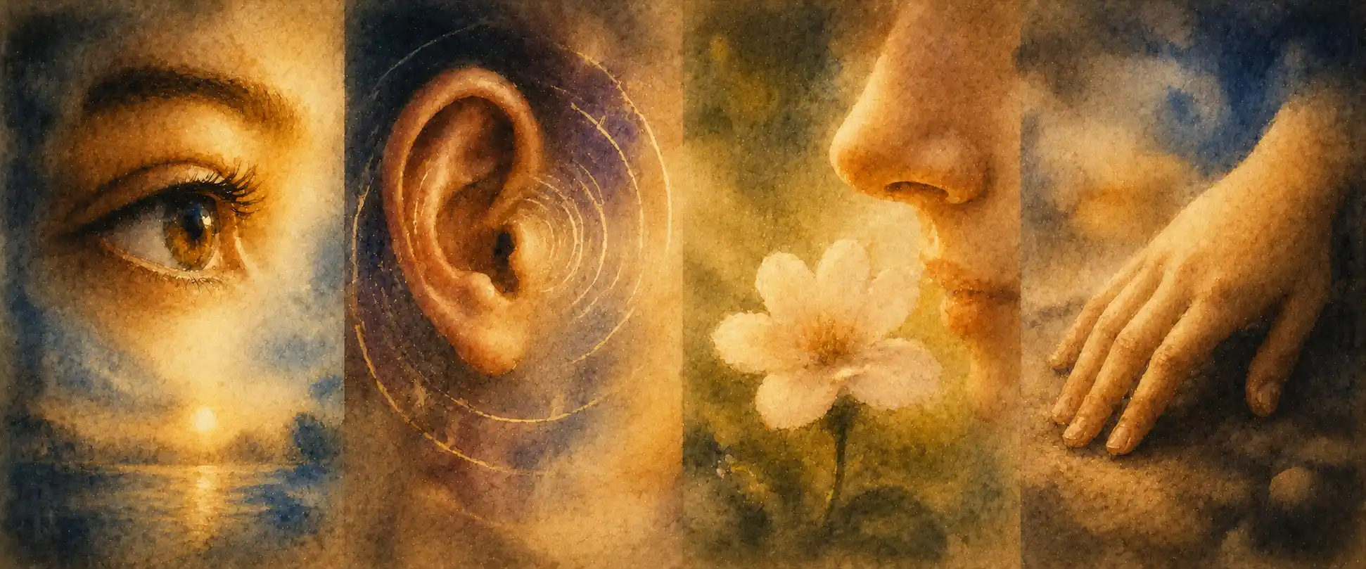 Four soft panels suggesting the senses — an eye, an ear, a nose over a flower, a hand on a surface