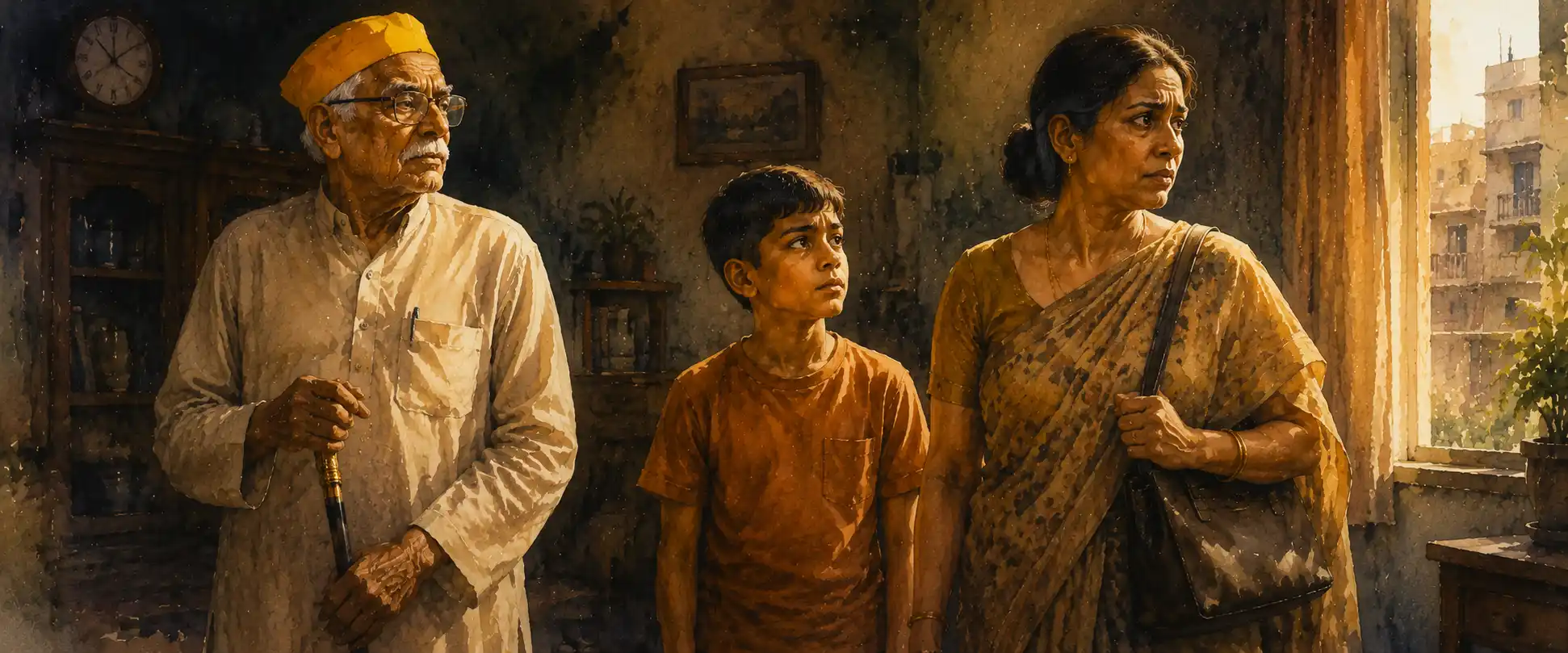Three figures of a family — a dignified old man, a worried working mother, and a boy between them