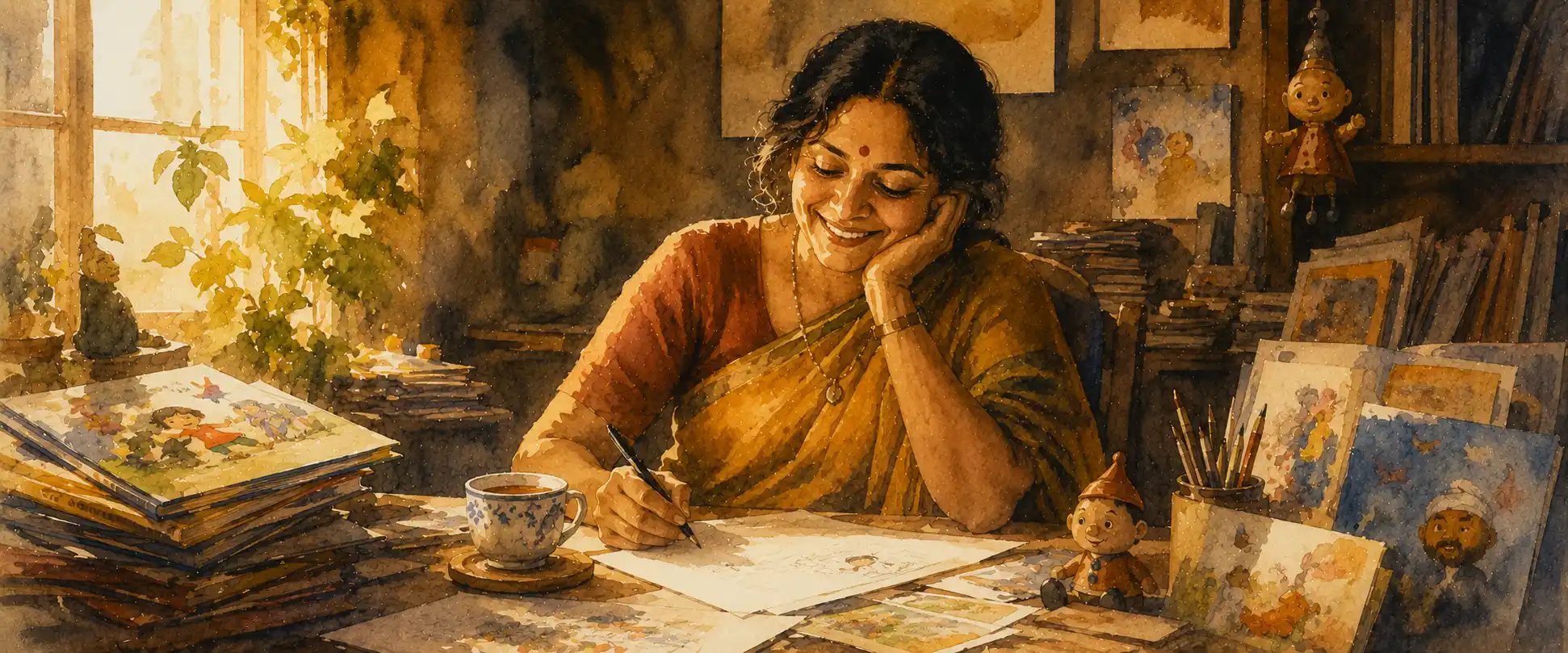 A writer at a sunny desk surrounded by children’s storybooks, mid-smile