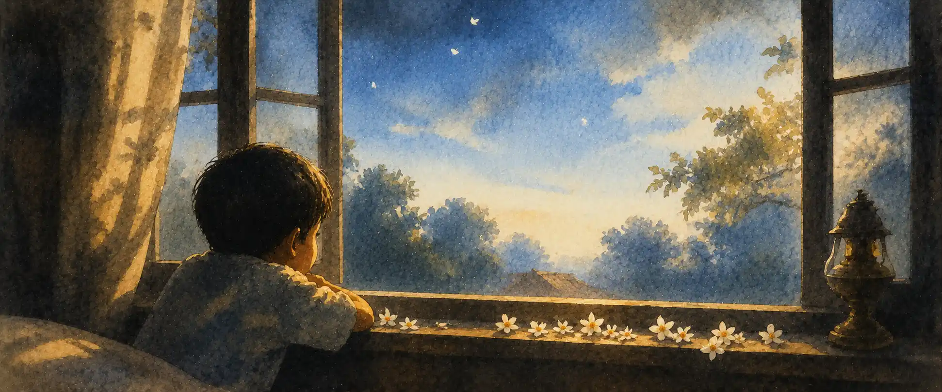 A child at a window gazing into a wide blue sky, white shiuli flowers on the sill, soft early light