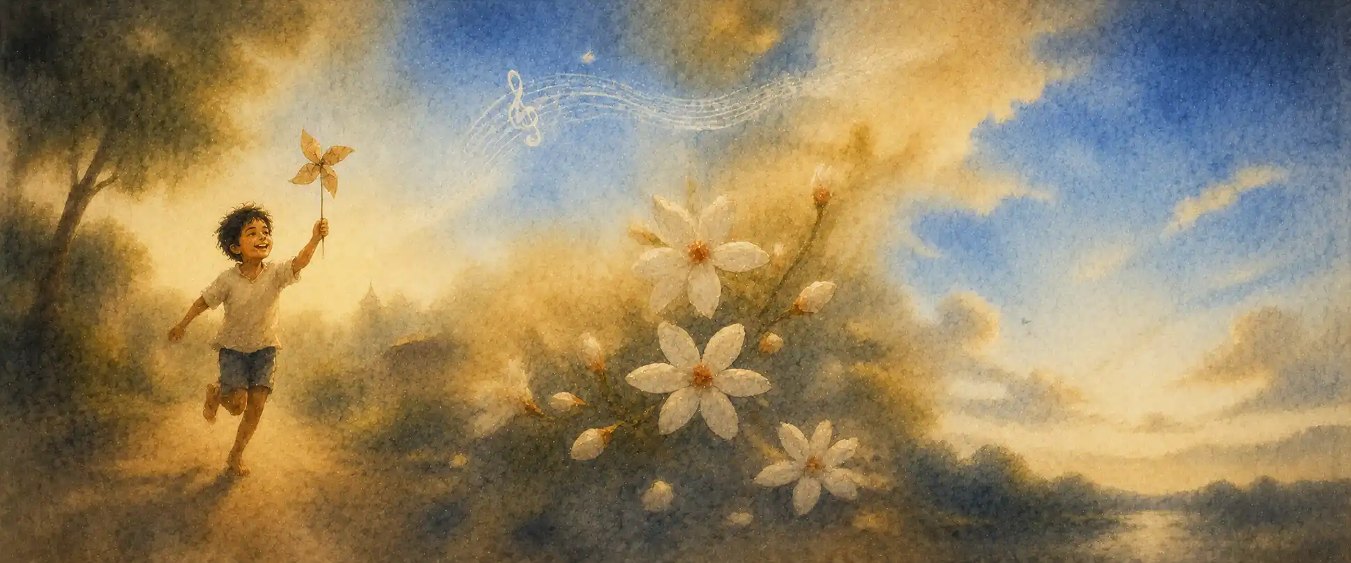 Soft images blending — a child at play, white flowers, a wide still sky — all suffused with gentle light