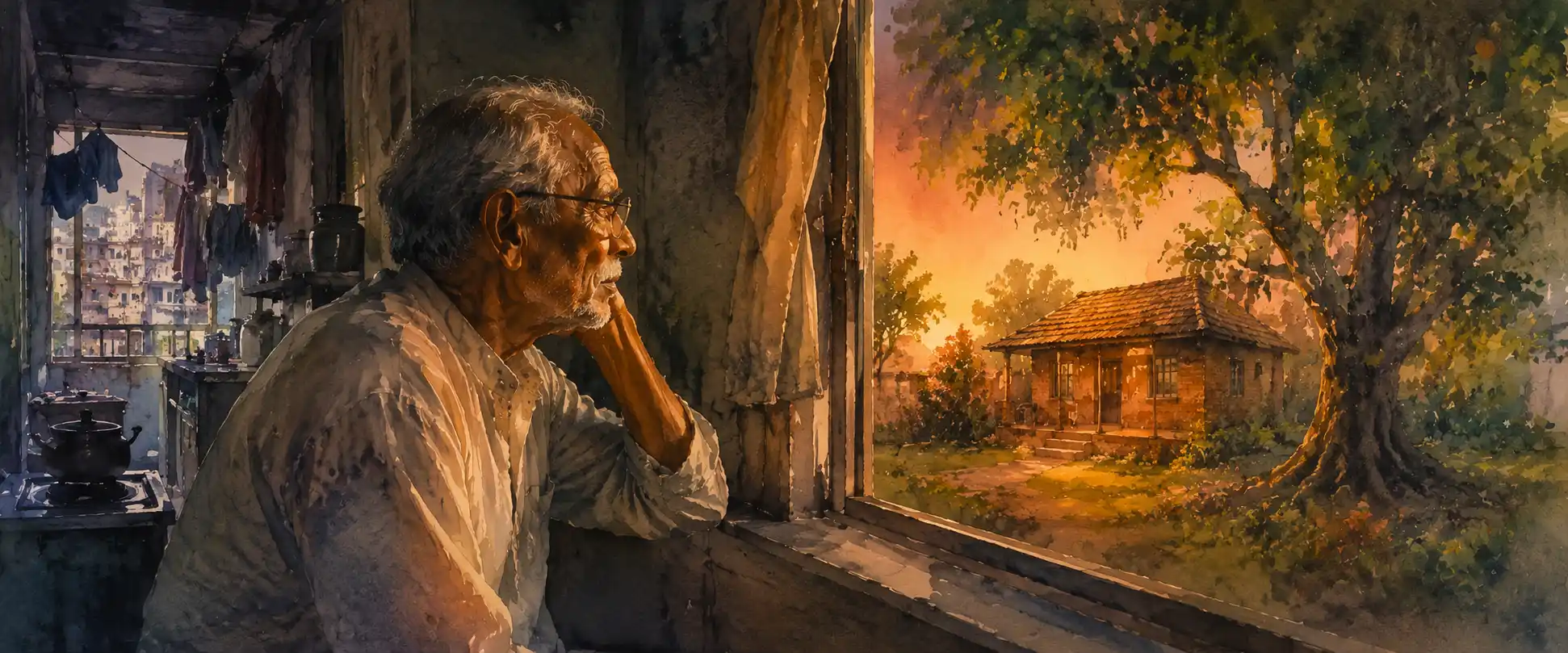 An old man gazing wistfully out of a city flat window, a small brick house with a mango tree imagined faintly beyond