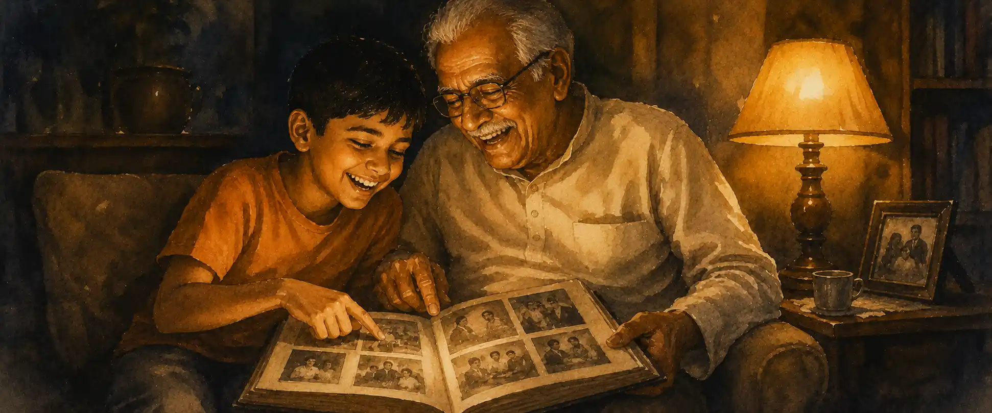 A boy and his grandfather laughing together over an old photograph album