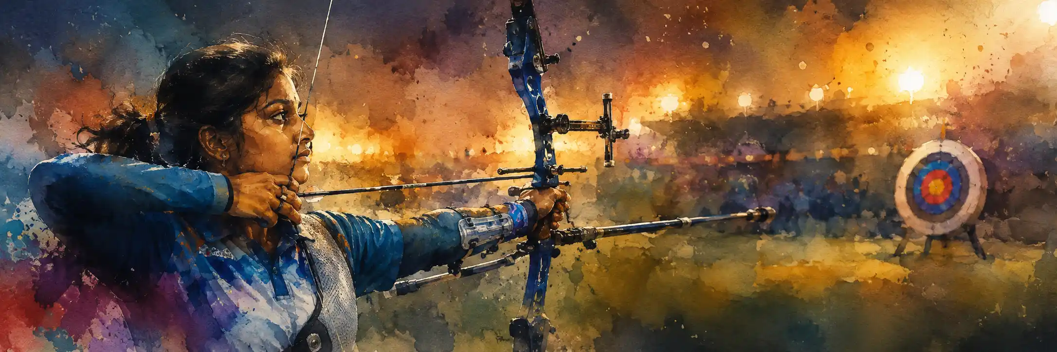 A para-archer drawing a bow with focused determination, a stadium glowing behind