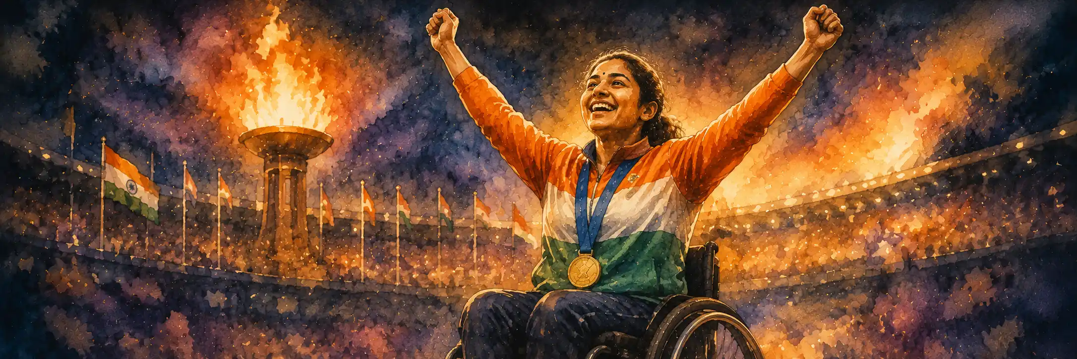 A triumphant woman athlete with a medal, arms raised, a Paralympic flame glowing behind