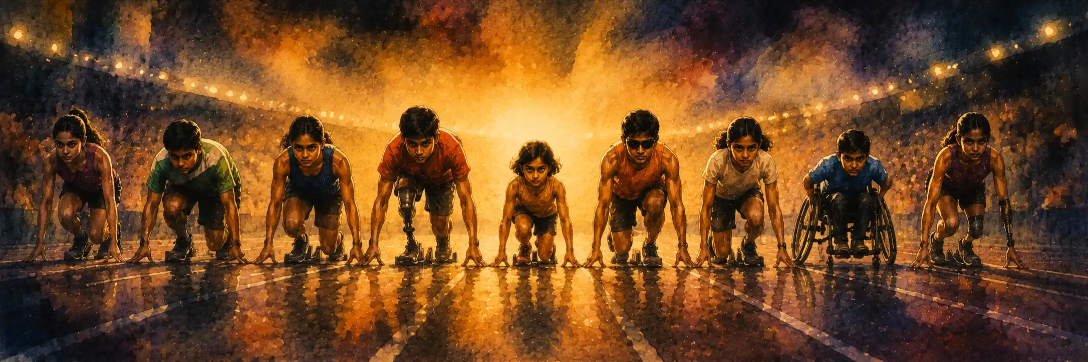 A running track with starting blocks, nine runners poised, a tense bright moment before the gun