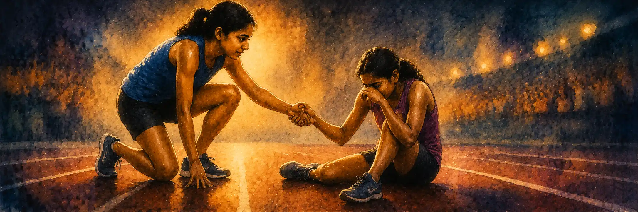 A single runner reaching back a hand to a fallen one on the track, the decisive moment