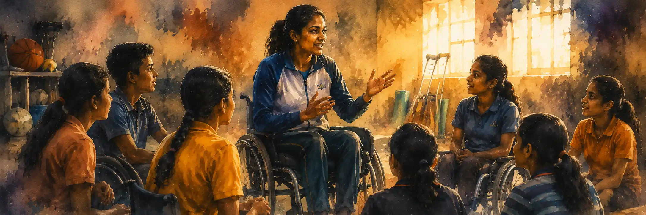 An athlete-mentor speaking to a group of young students, some in wheelchairs, in a sunlit hall