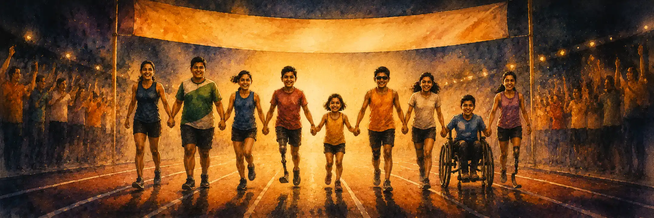 Nine young runners walking hand in hand toward a finish line, a banner above, a cheering crowd