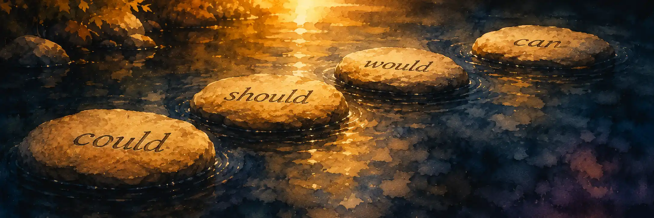Word-cards for could, should, would arranged like stepping stones across water