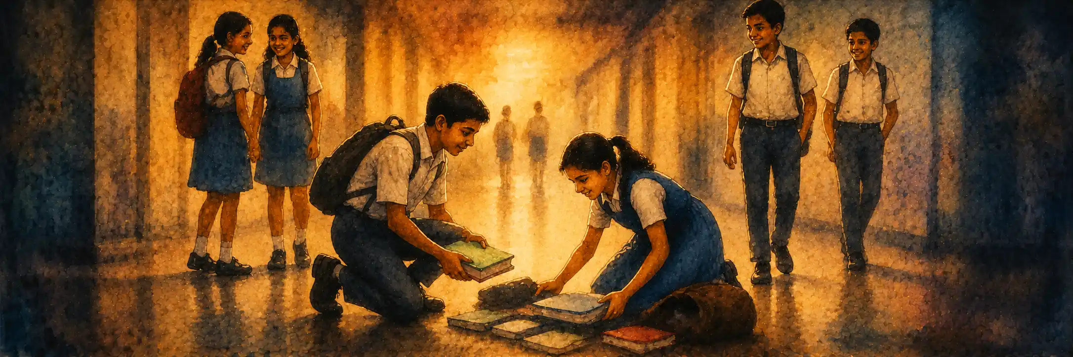 A student helping another who has dropped their books in a school corridor, others pausing to notice