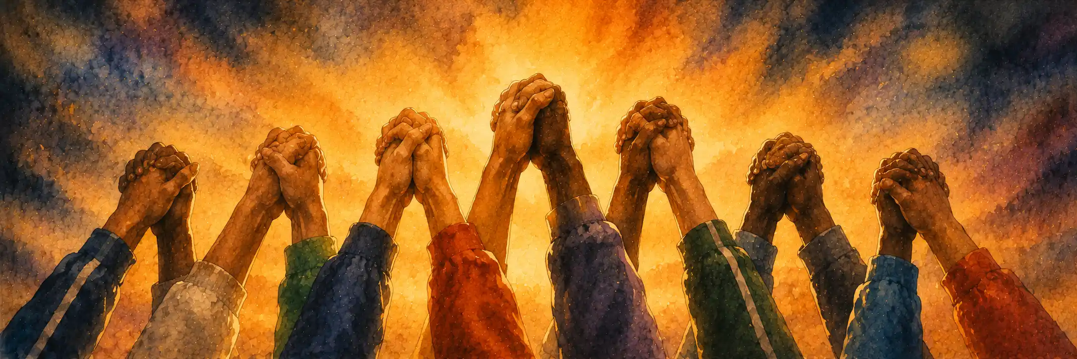 Nine medals on one ribbon, or nine joined hands raised together in triumph
