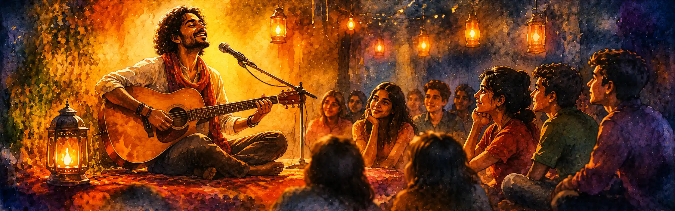 A folk singer with an acoustic guitar performing warmly to a small attentive audience