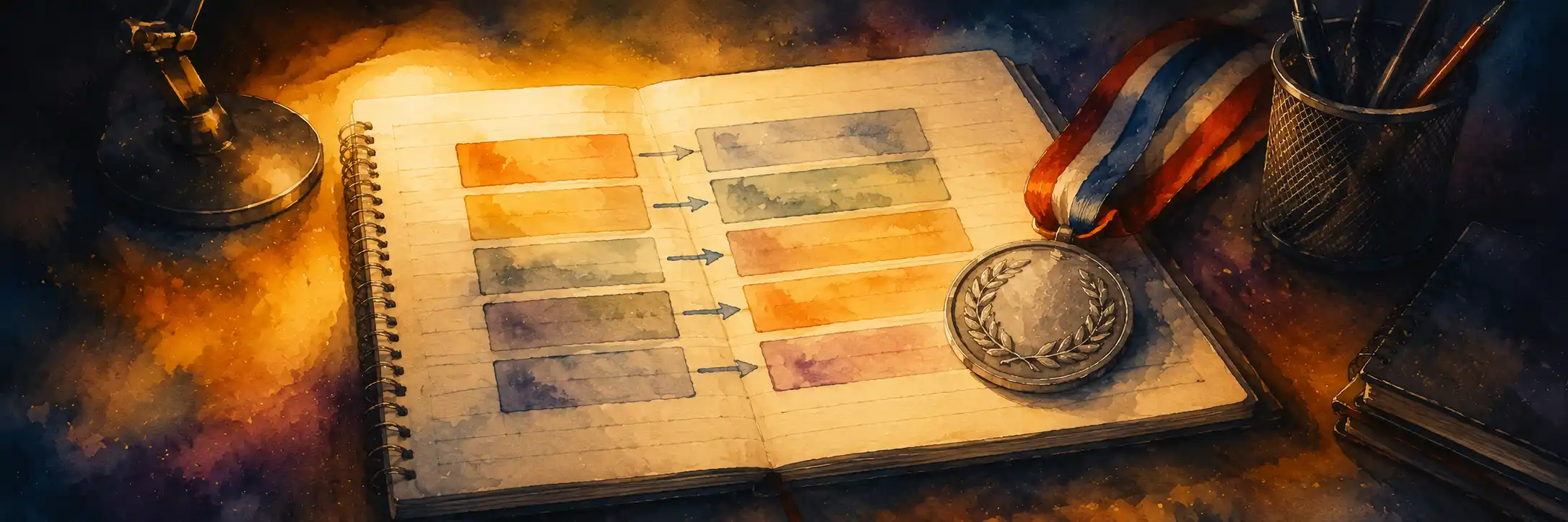 A reader's notebook with a fact-table and arrows linking causes to effects, warm desk light