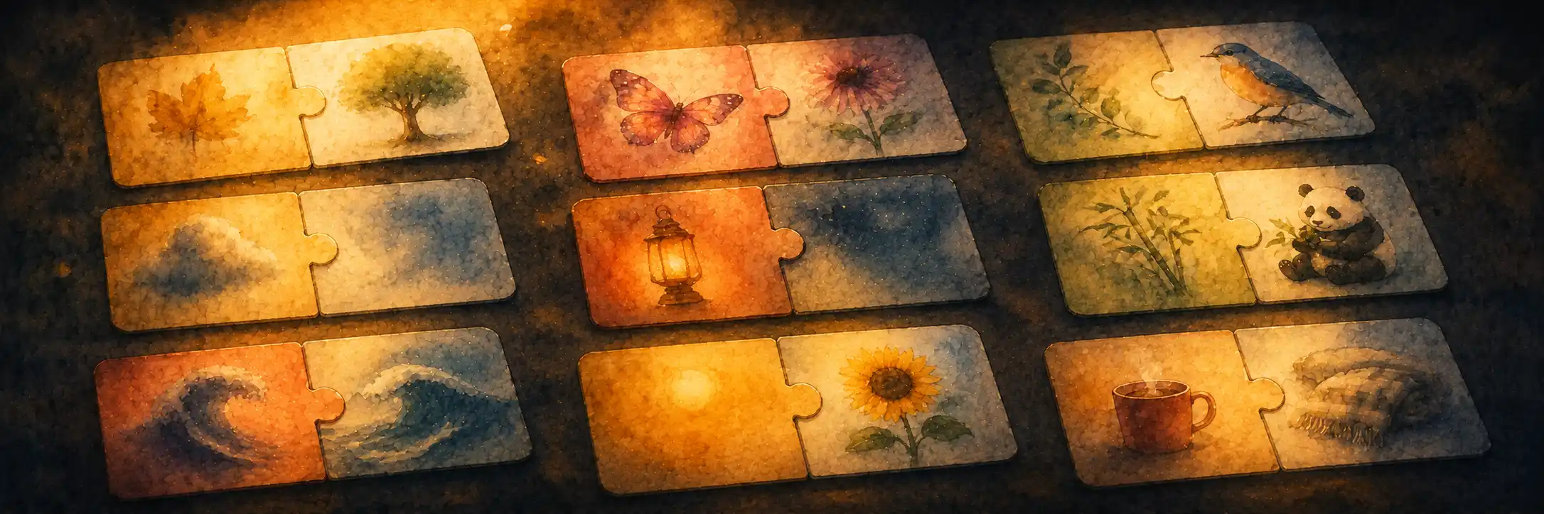 Pairs of word-cards (adjective + noun) clicking together like puzzle pieces