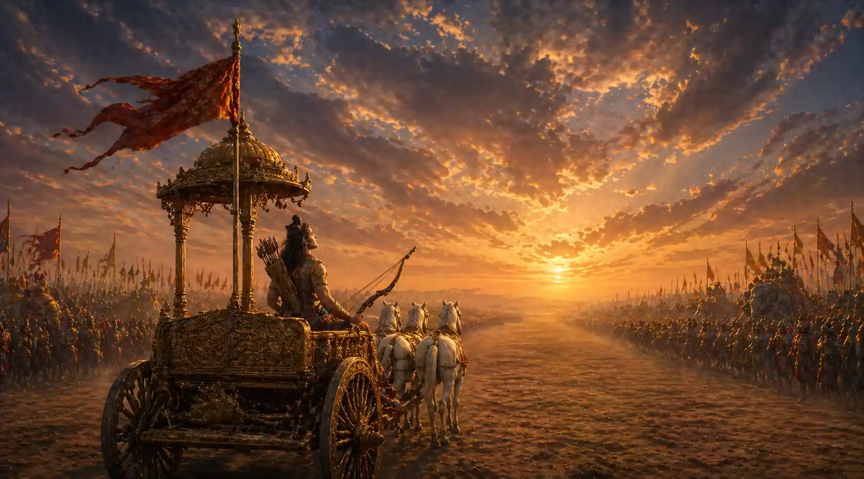 Arjuna's chariot stands still between two vast armies on the plains of Kurukshetra at twilight — the moment of the first honest question