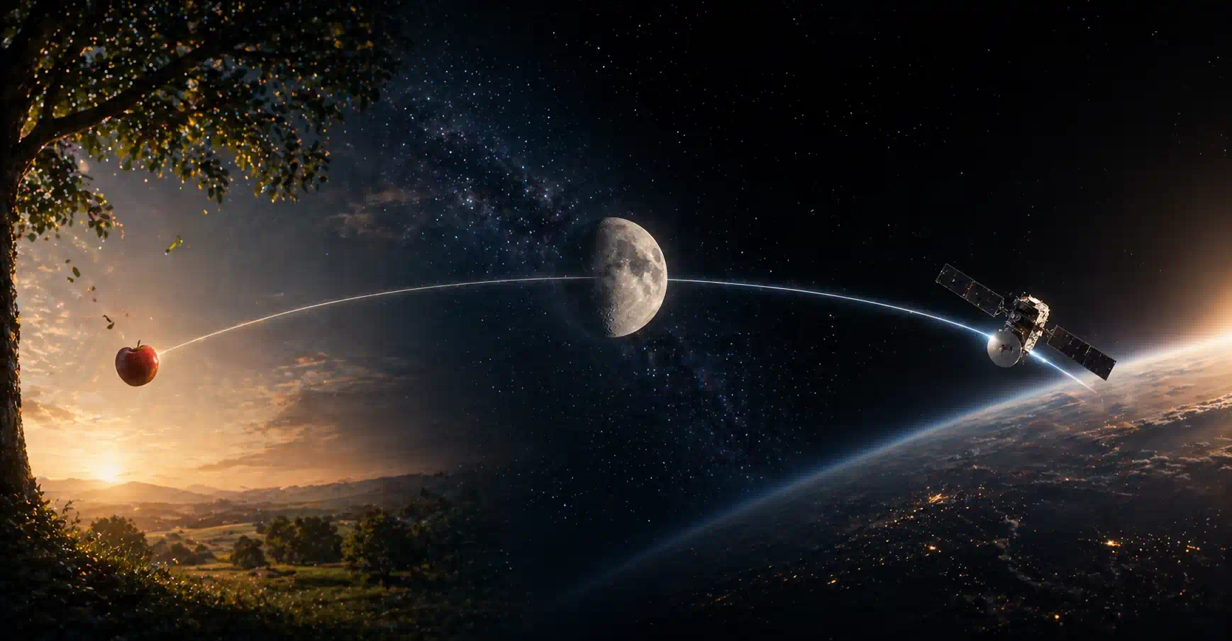 An apple falling, the moon in orbit, and a satellite tracing its arc — three motions, one underlying law of gravity