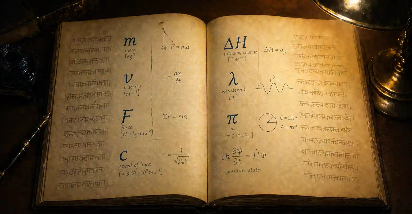 Hand-written scientific symbols — m, v, F, c, $, $\Delta$ — flowing across an open notebook in warm light, with faint Devanagari script visible behind them, suggesting two precise languages meeting