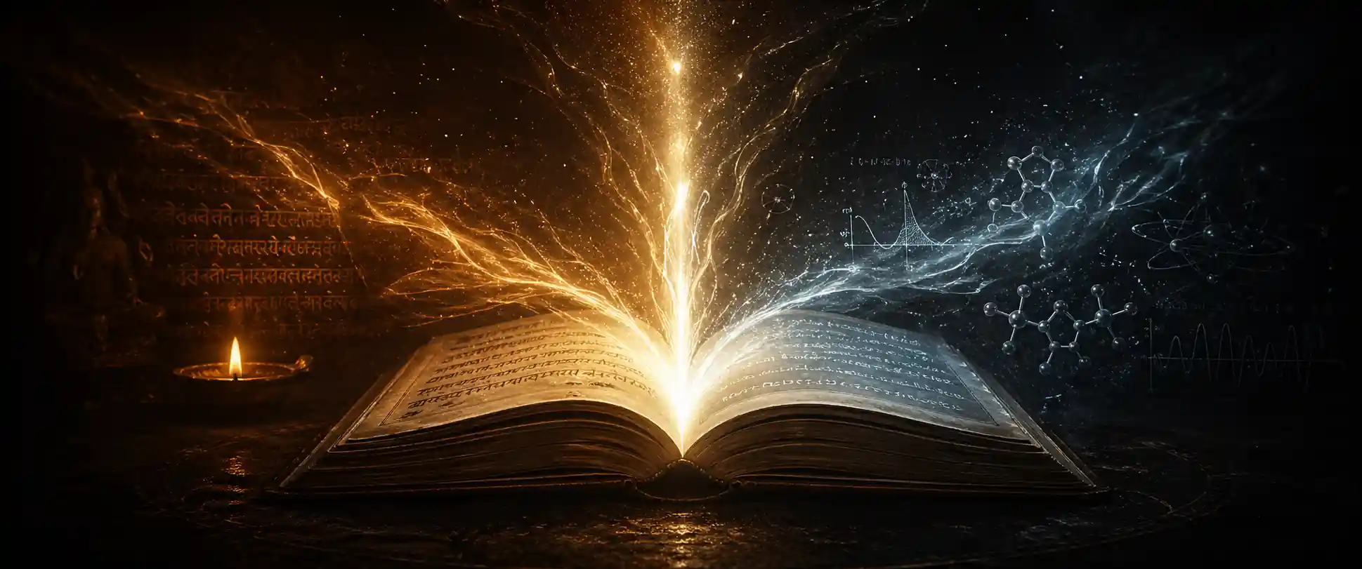 An open book at the centre of the frame emits two streams of light — warm amber from ancient Sanskrit manuscript pages on the left, cool blue from modern scientific notation on the right — the two traditions meeting in a single golden beam