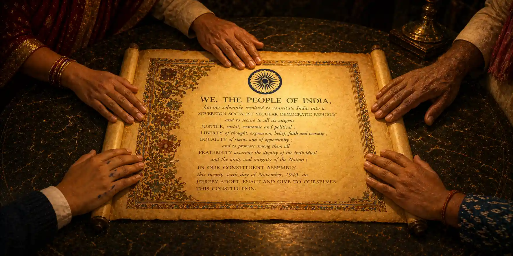 Diverse hands from across India gently resting on an open, illuminated copy of the Constitution of India — conveying collective ownership of these rights
