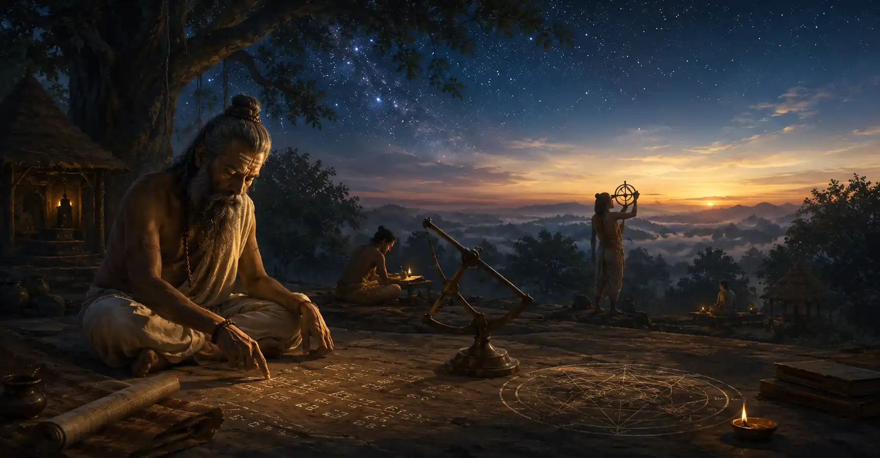 A Rishi sits in a forest ashram at dawn tracing astronomical calculations by hand, surrounded by manuscripts, a copper instrument, and a geometric yantra drawn in the earth — direct inquiry in ancient India