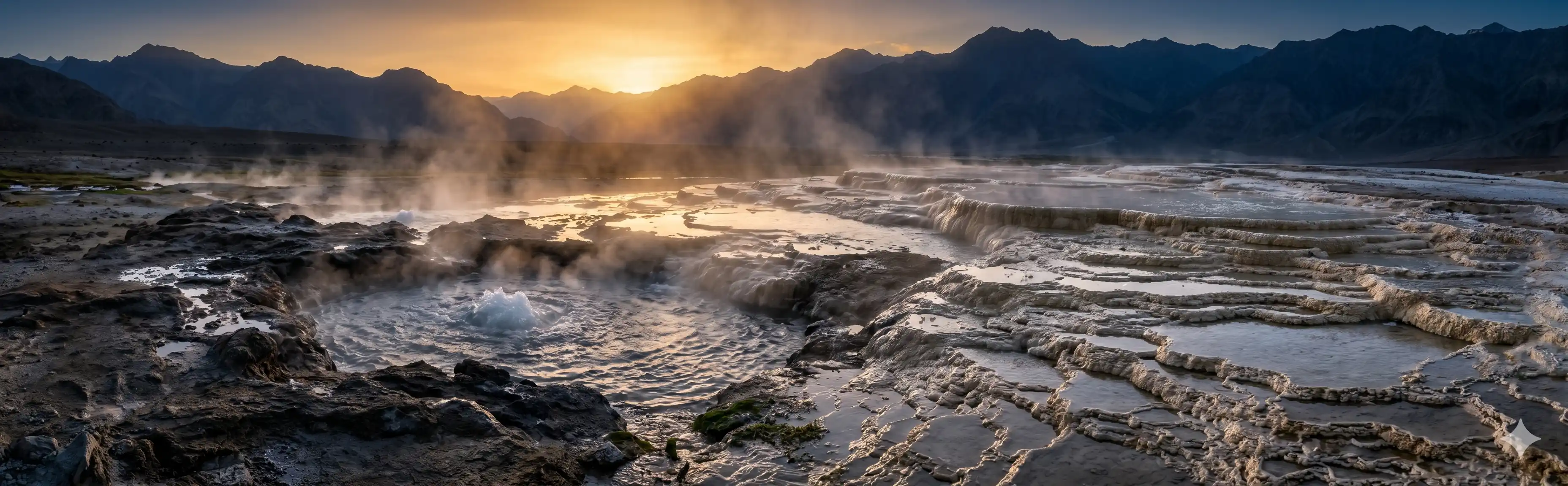 Hot springs of Puga Valley, Ladakh — bubbling mineral-rich water emerging from the earth at dawn, with white calcium carbonate deposits forming around the pools, evoking the conditions of early Earth where the first cells may have formed
