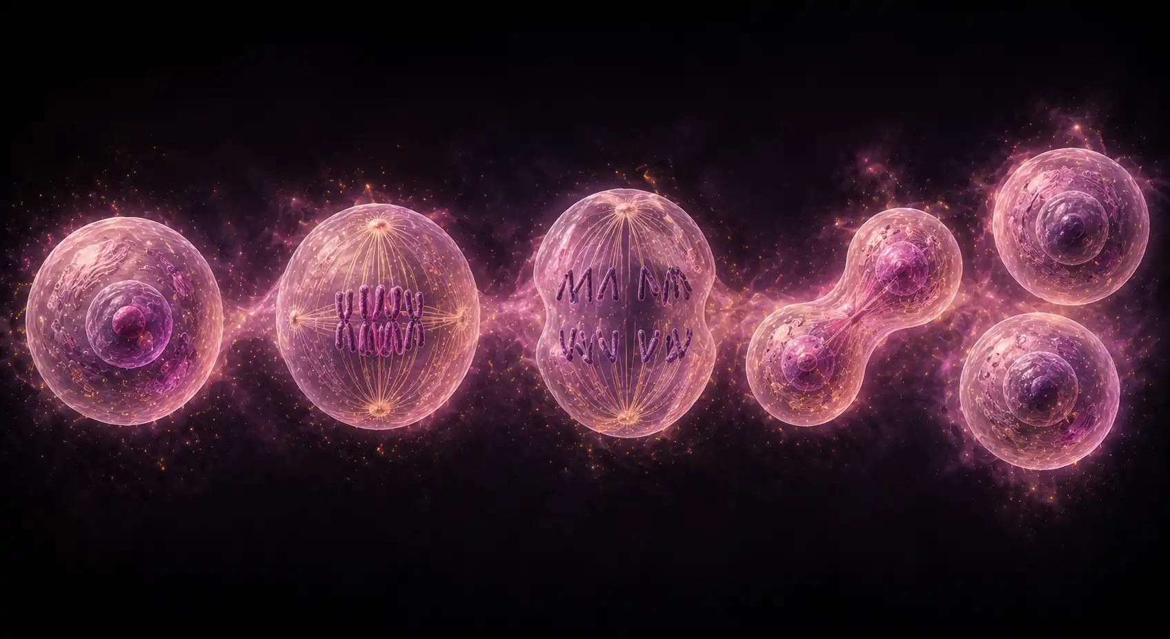 A wide cinematic illustration showing a single luminous cell beginning to divide — its chromosomes pulled into two clusters, the cell pinching at the centre, while around it earlier and later stages of division flow softly across the frame in a continuous cycle
