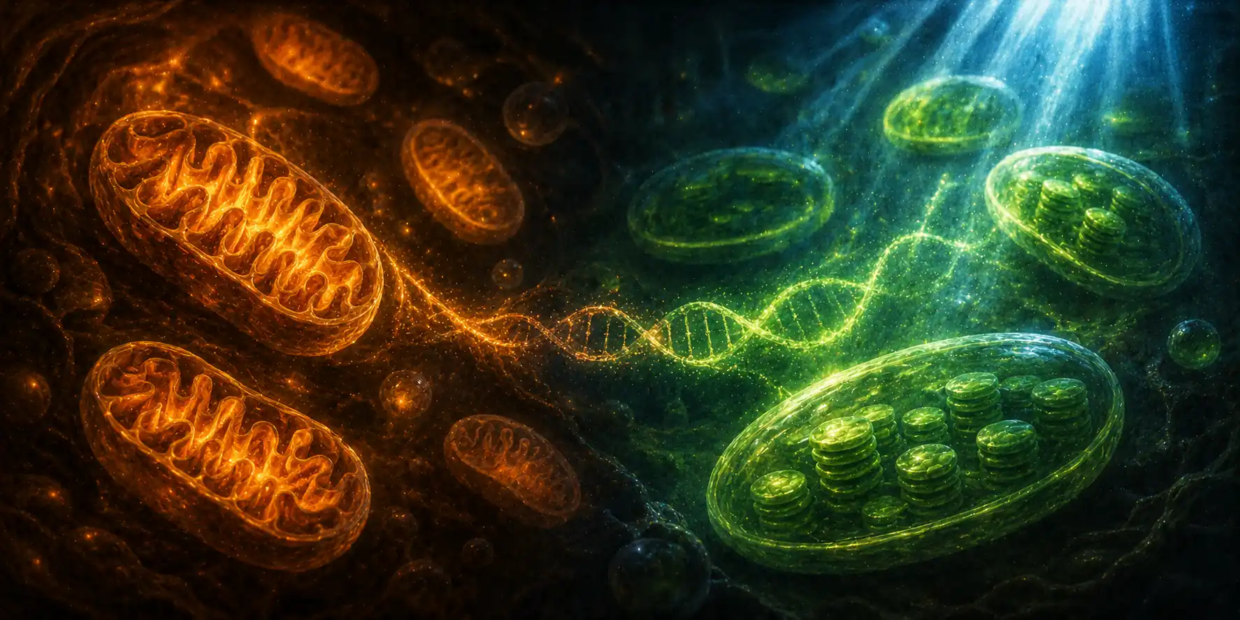 A wide vision in two halves: on the left, glowing mitochondria releasing the warm orange light of cellular energy; on the right, vivid green chloroplasts capturing the cool blue light of the sun and turning it into food