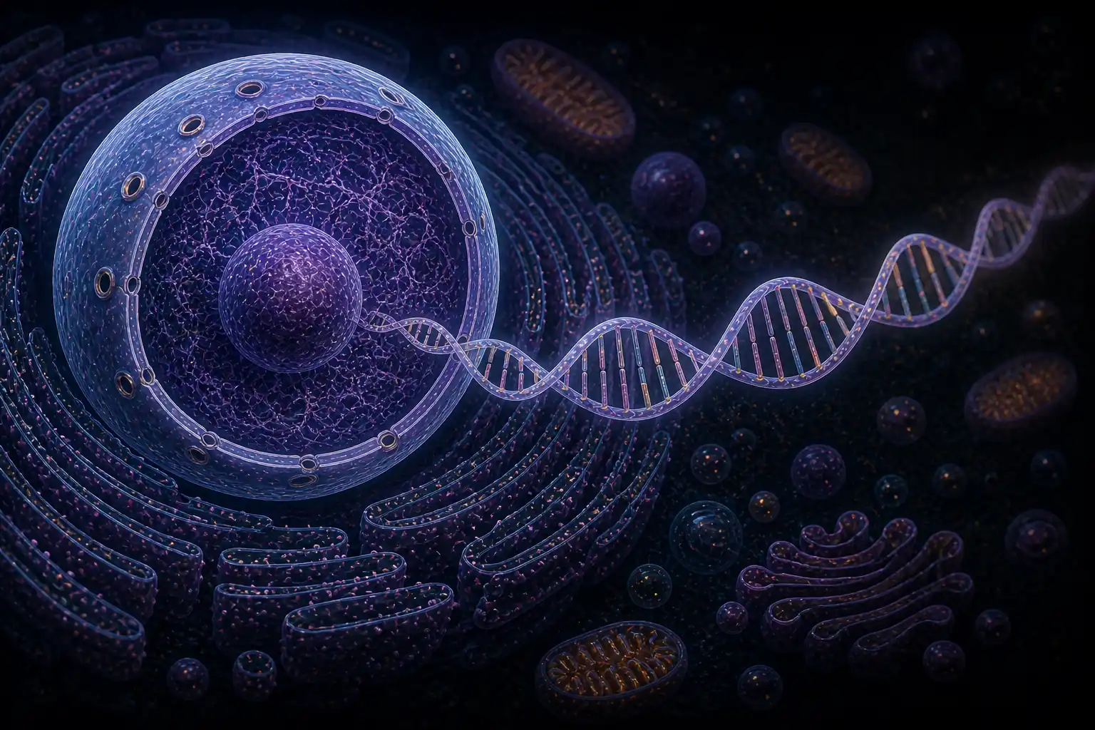 A glowing nucleus at the heart of a cell, with a long DNA double-helix unspooling outward into the cellular space — the seat of inherited instructions opening into the activity of the cell