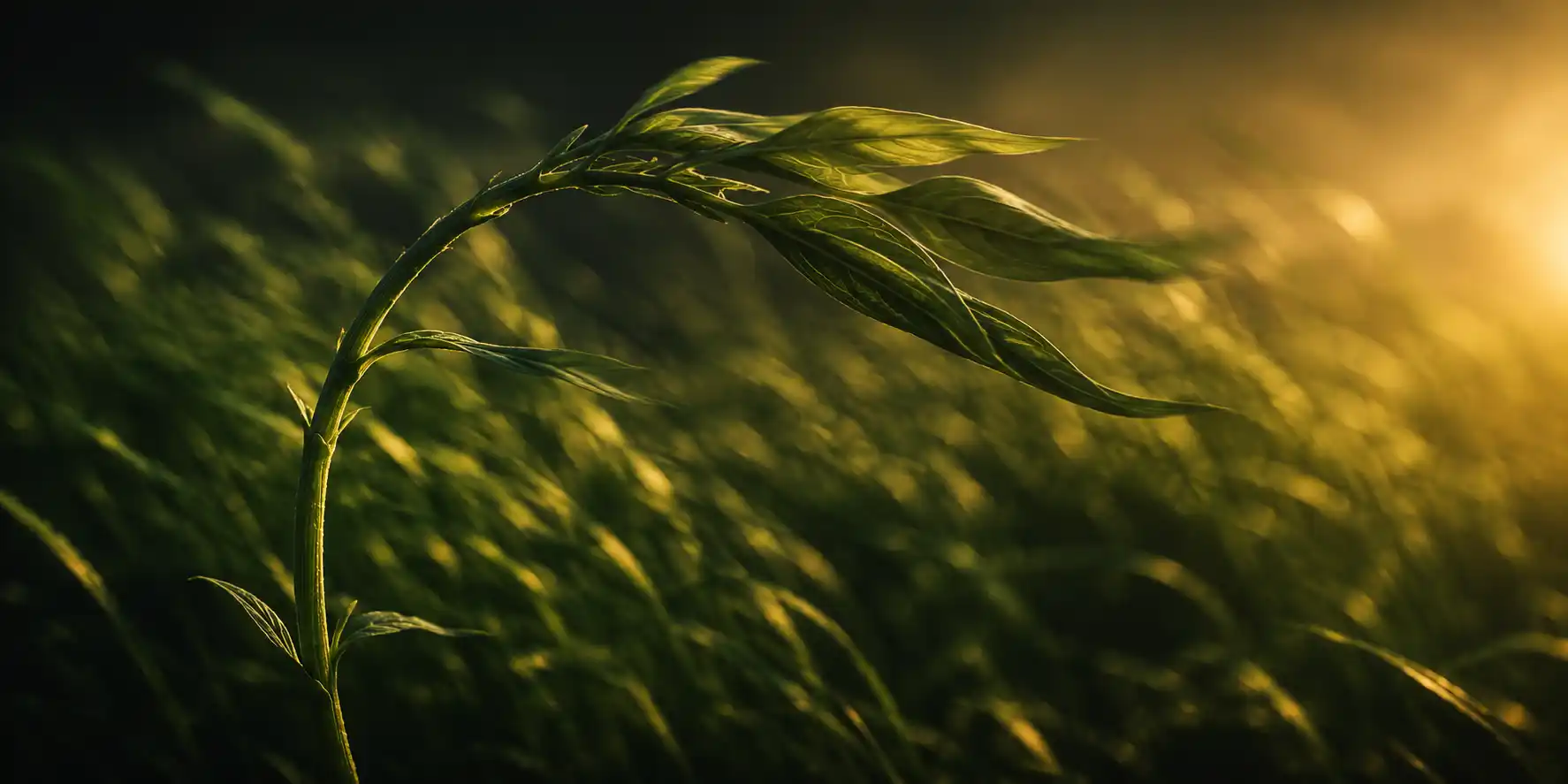 A fresh green plant stem bending gracefully against the wind without breaking, showing both soft inner tissue and flexible outer regions