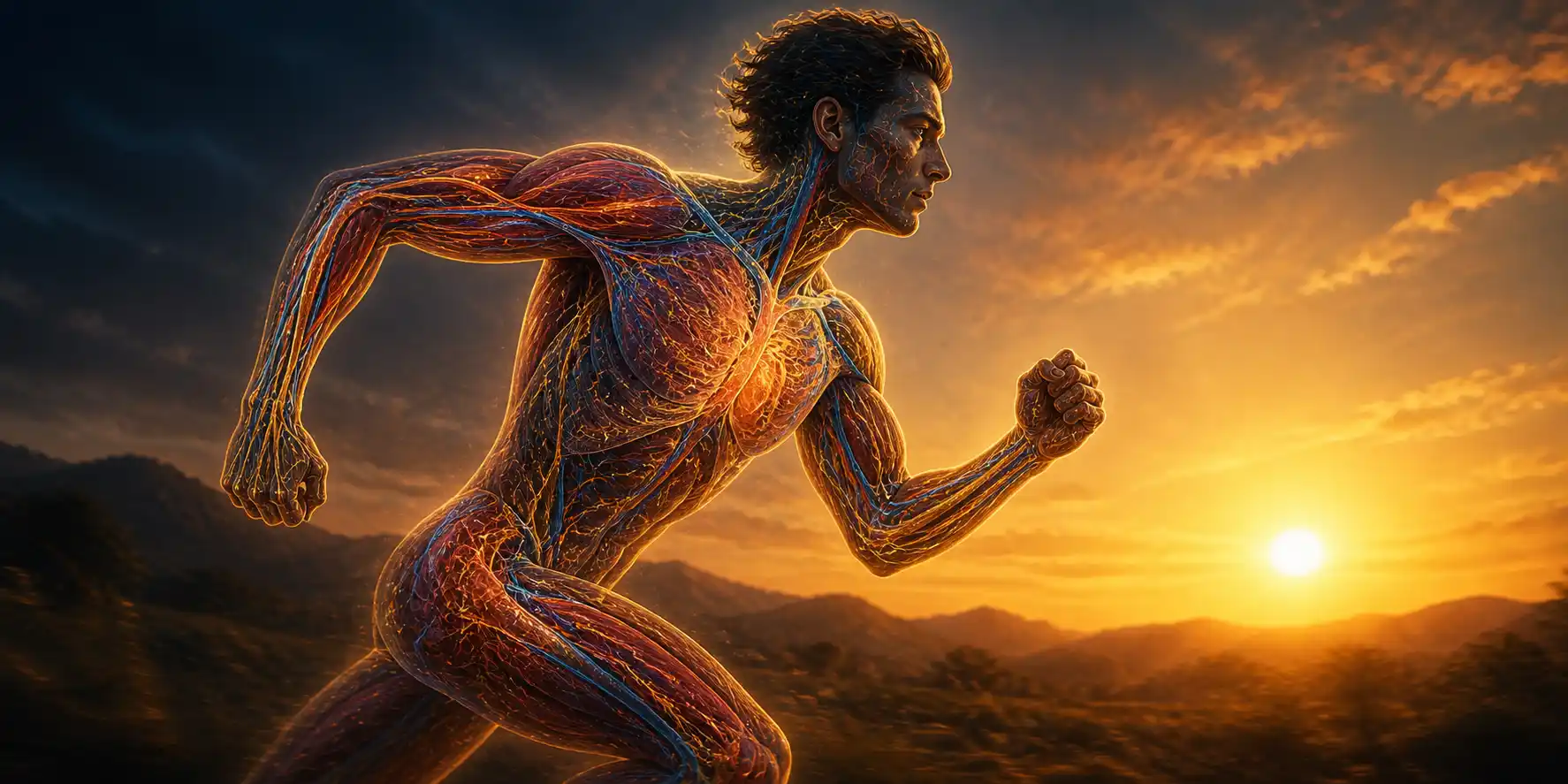 A young athlete mid-action — running, with body silhouette layered with subtle glowing patterns of muscles, blood vessels, nerves, and skin