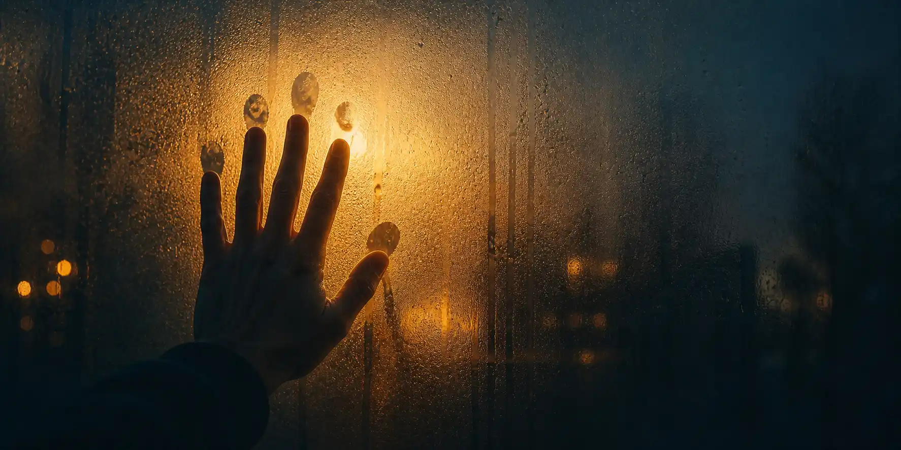 A close-up of a person's hand pressed against a steamed bathroom mirror, fingerprints leaving marks — the body's outer skin pressing against a barrier
