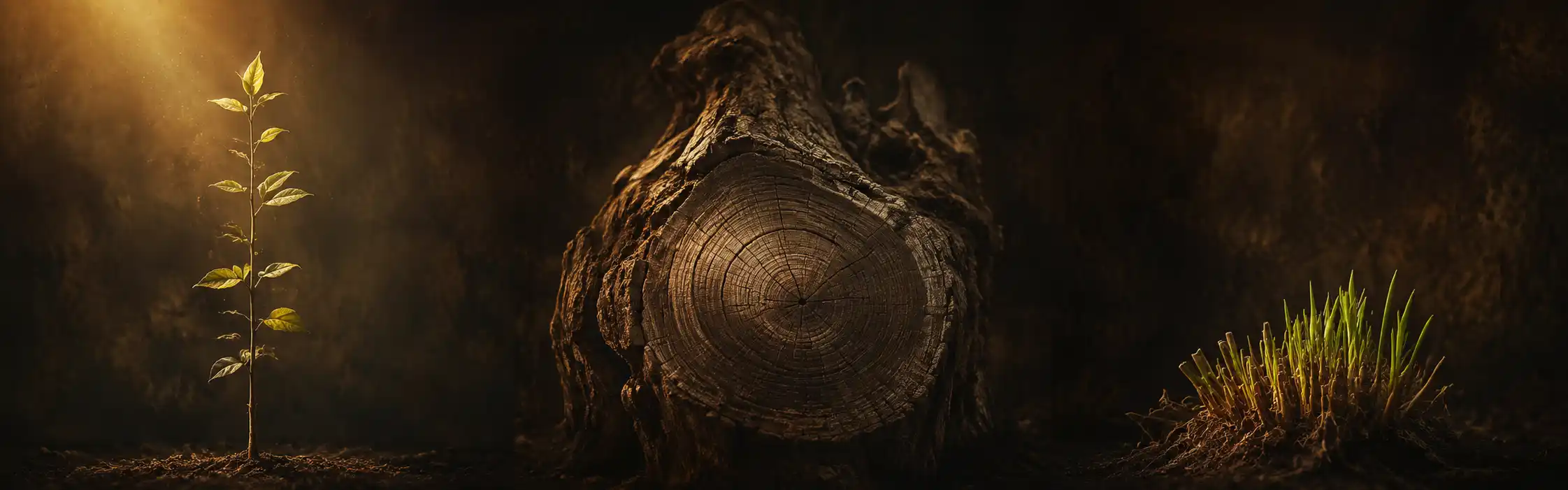 Three plants growing in three different ways — one shooting upward, one thickening at the trunk, one regrowing after being cut