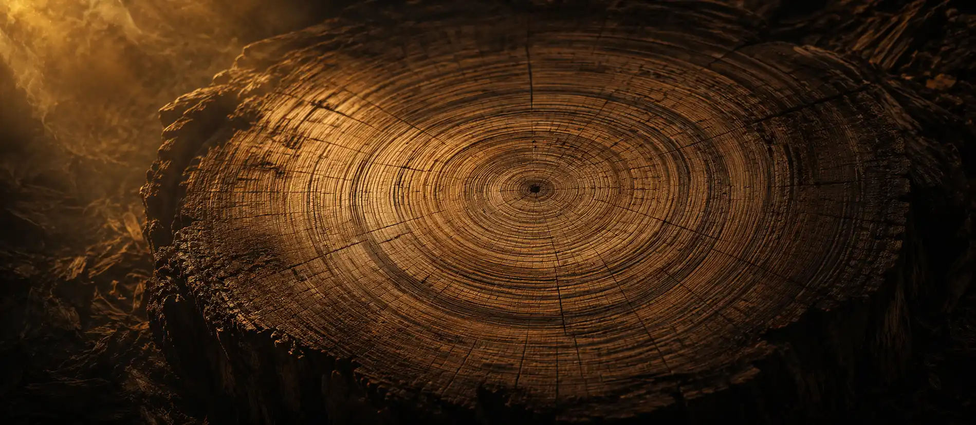 A massive cross-section of an old tree trunk showing many concentric annual rings, lit by warm low light
