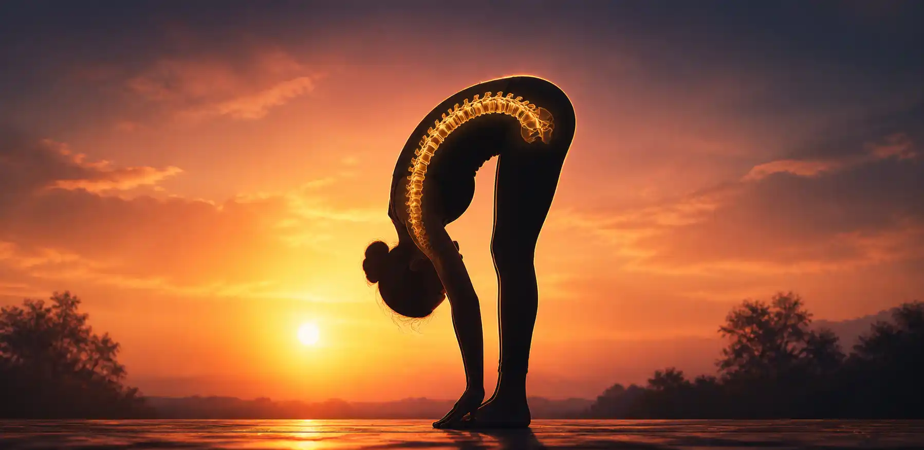 A young person in Surya Namaskar pose at sunrise, with a faint outline of the spinal column visible inside the body