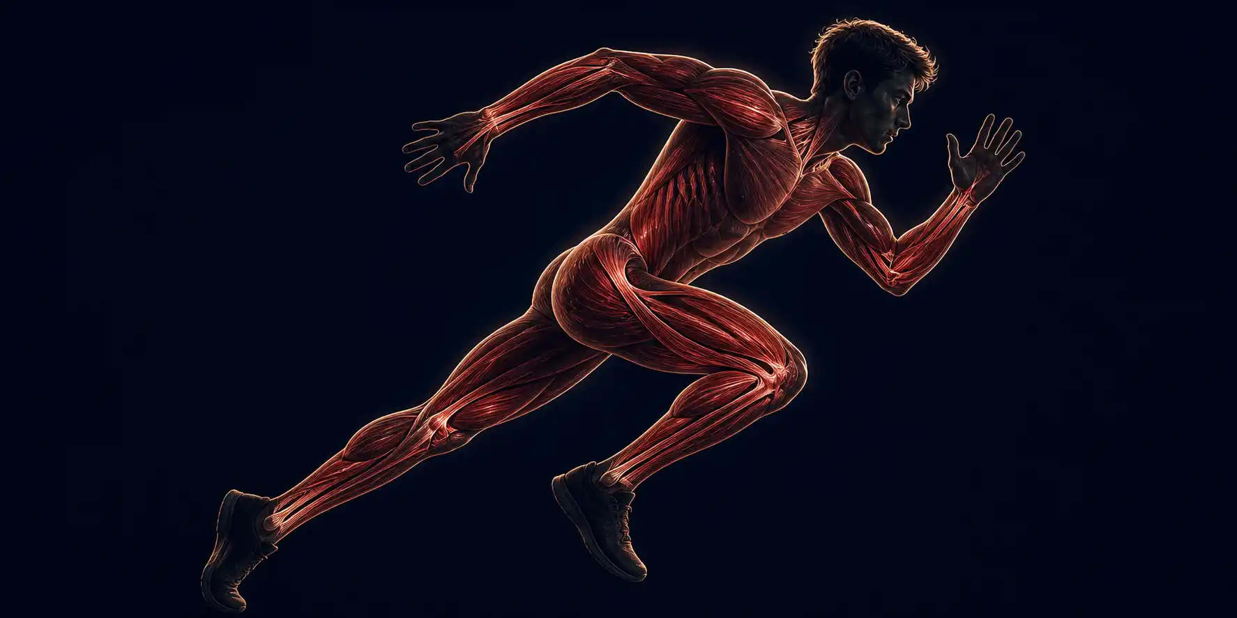 A person sprinting at full speed, body silhouette layered with red threads of muscle fibres lighting up across the legs, arms, and torso