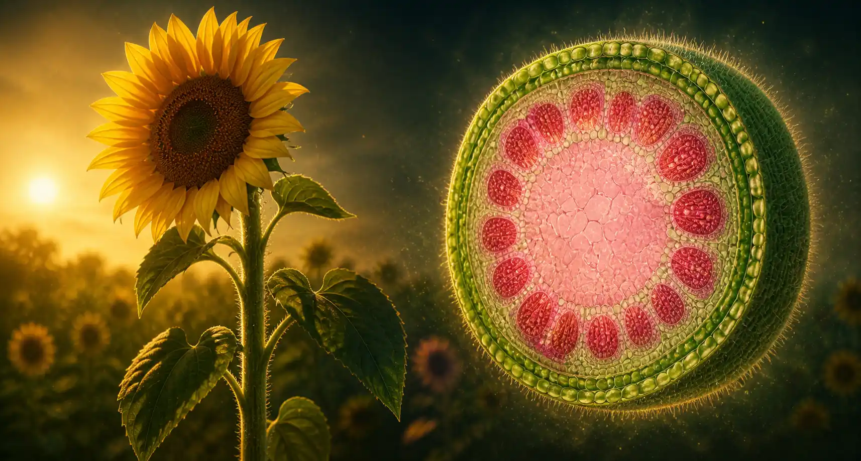A sunflower in full bloom, with its stem cross-section glowing alongside it to show the internal tissue layout