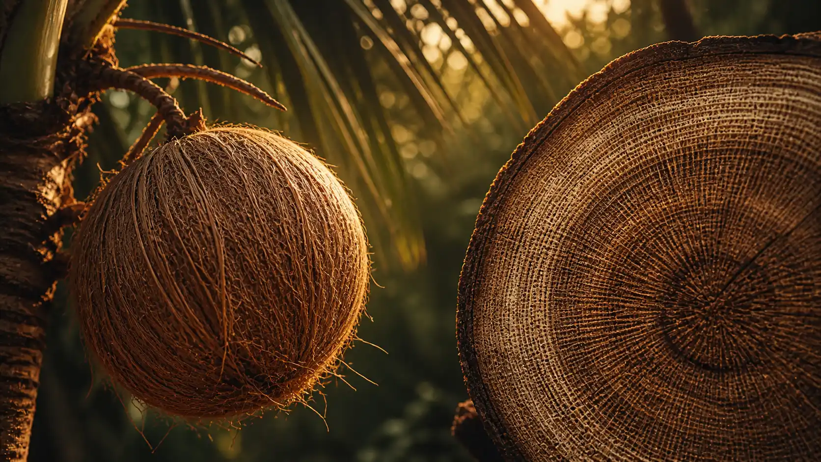 A coconut hanging from a palm with its tough fibrous husk visible, alongside the dense grain of an old wooden plank