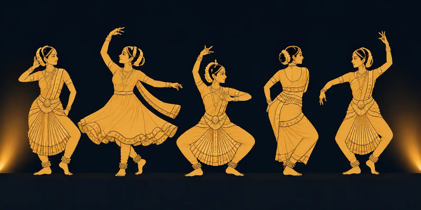 A series of classical and folk dance poses lit dramatically — emphasising the bending and rotating of joints