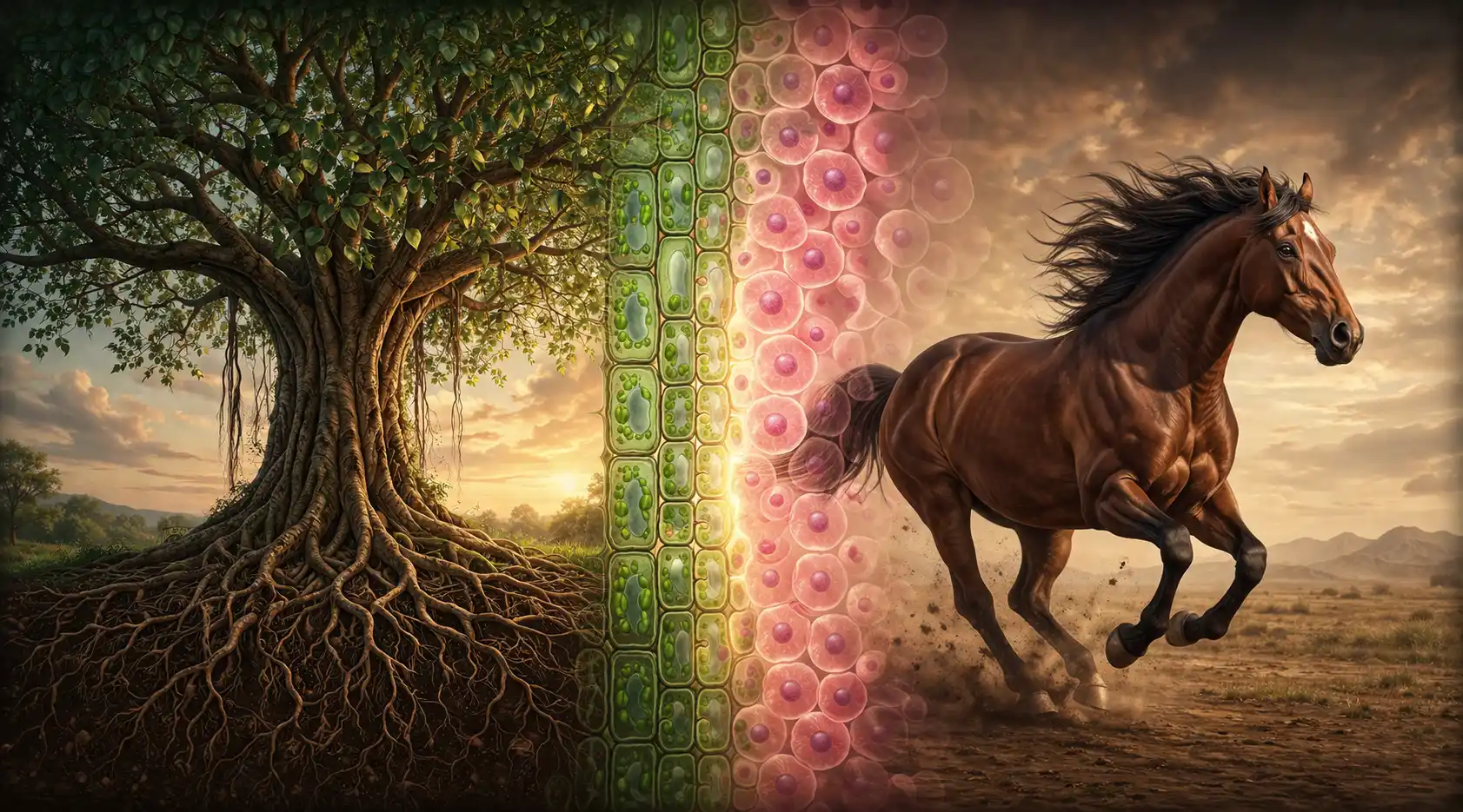 A peepal tree on the left and a galloping horse on the right, separated by a mirror that reflects them as cells — the tree's cells with rigid walls, the horse's cells flexible and rounded