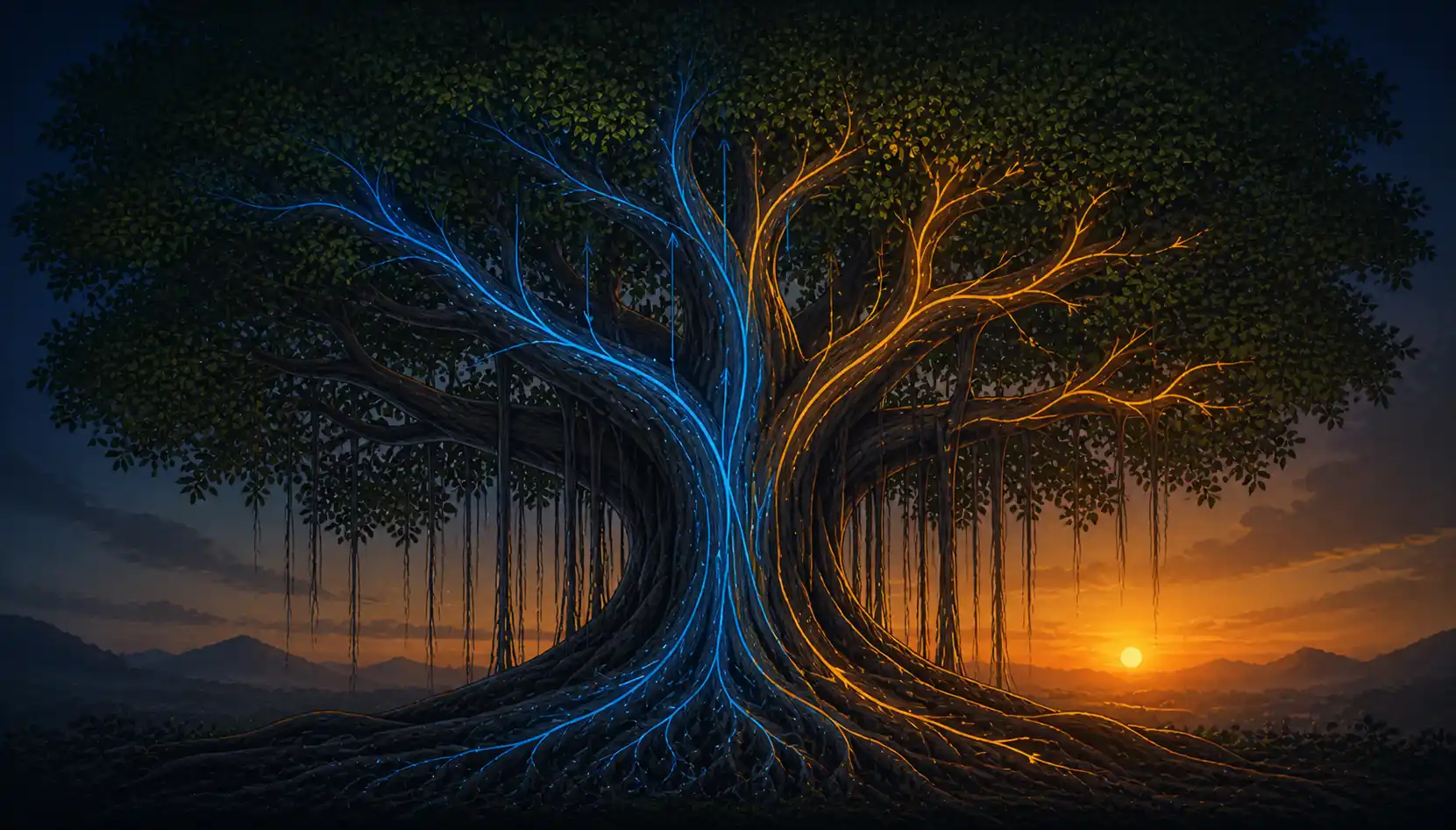A tall banyan tree silhouette with faint glowing lines suggesting upward water flow and downward sugar flow inside its trunk