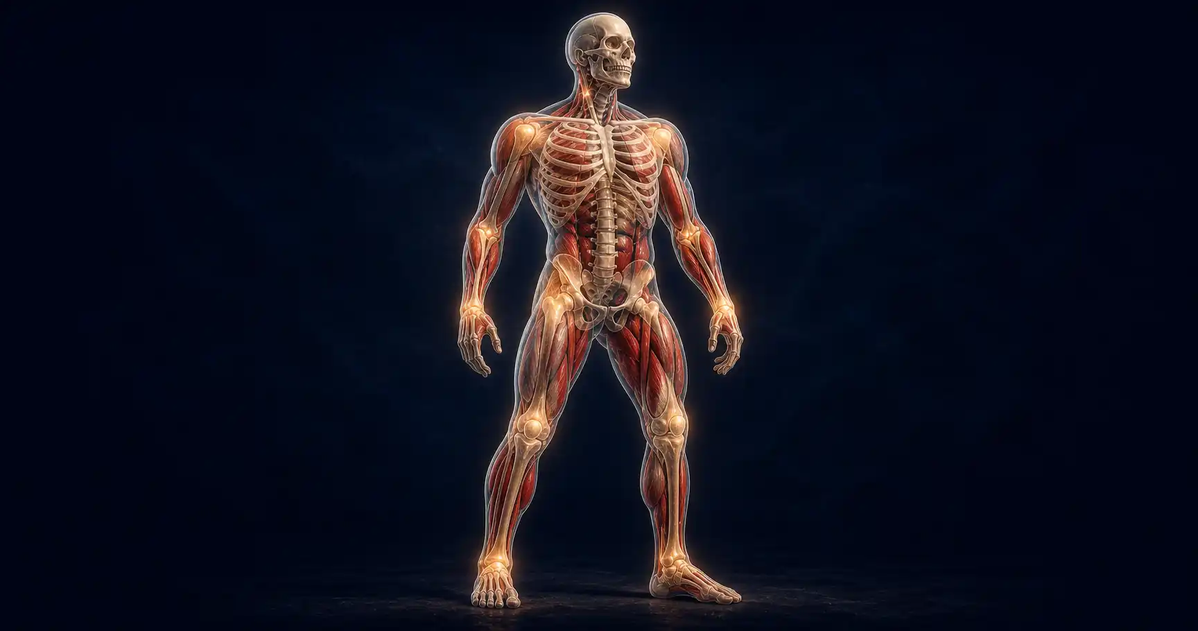 An anatomical view of a human figure showing the skeleton in white with red muscles overlaid, joined by glistening tendons and bound by white ligaments