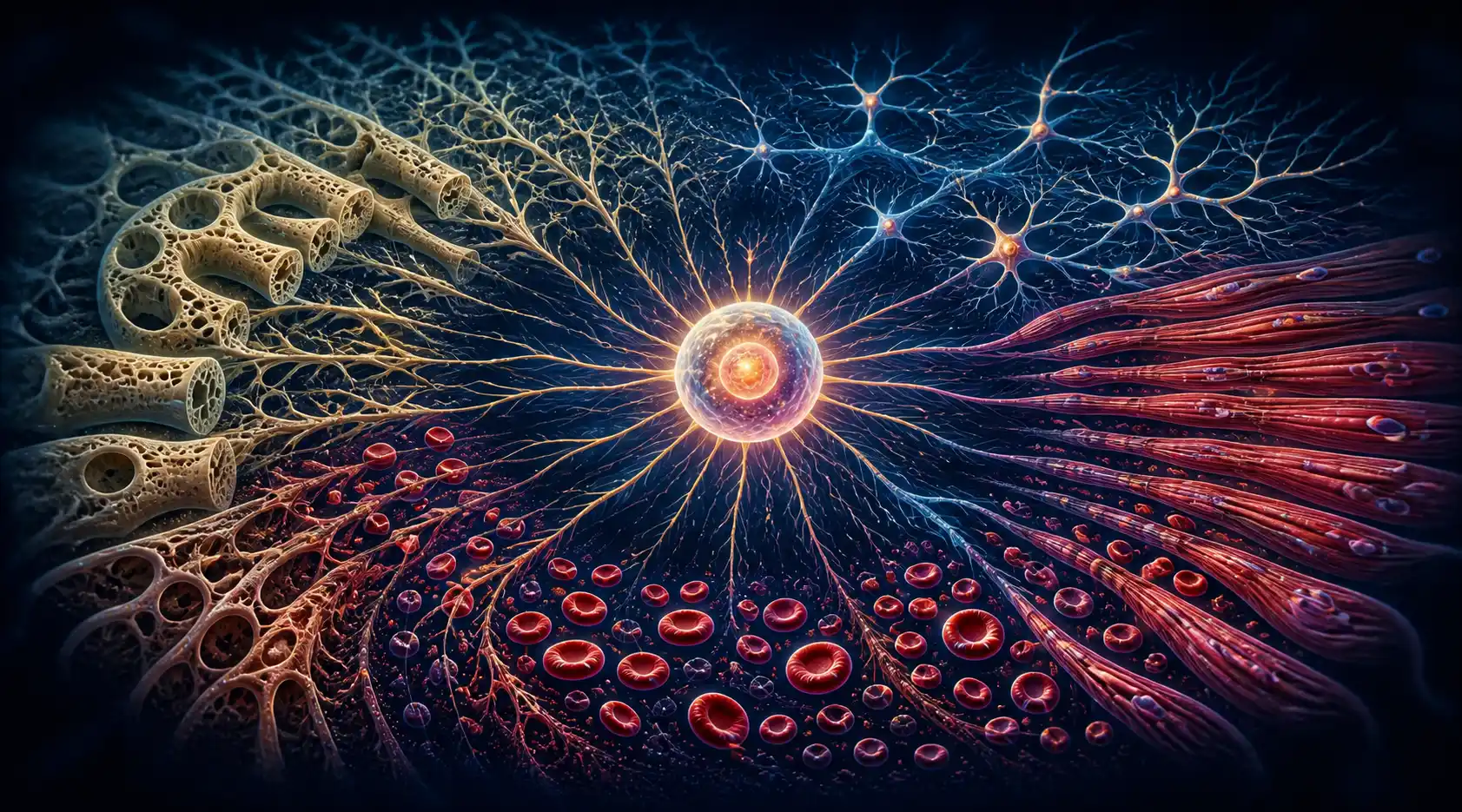 A single luminous cell at the centre with threads of light branching out into silhouettes of bones, neurons, muscle, and blood — the emergence of a complex body from one starting cell