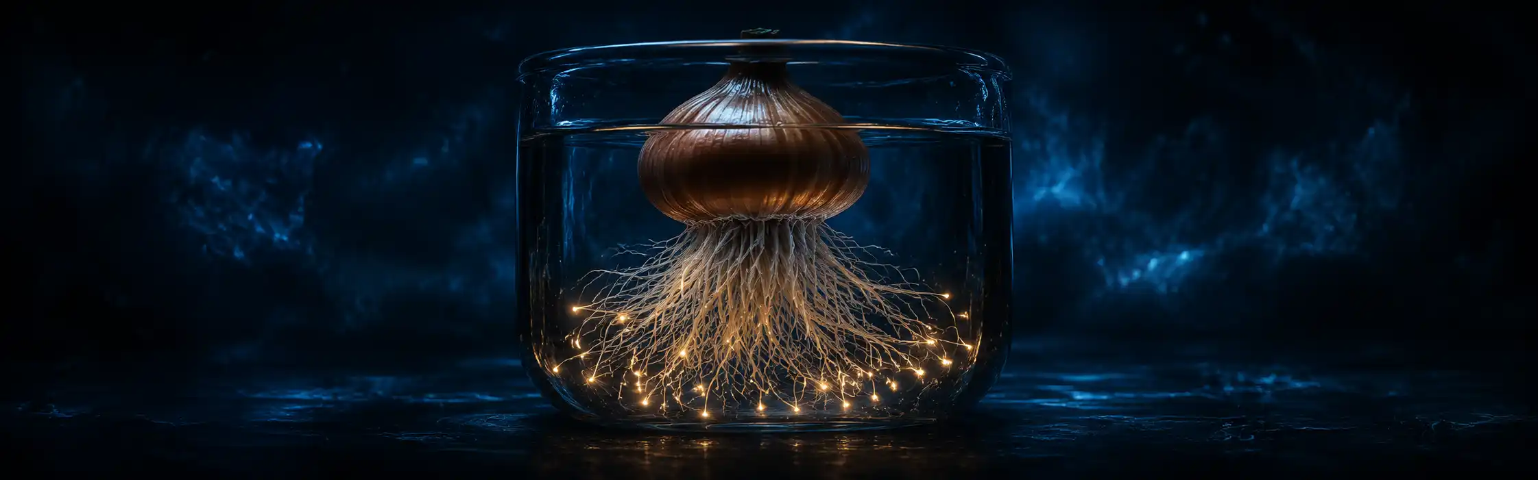 Close-up of a root tip with the apical meristem zone glowing softly, fresh roots emerging from a sprouting onion bulb