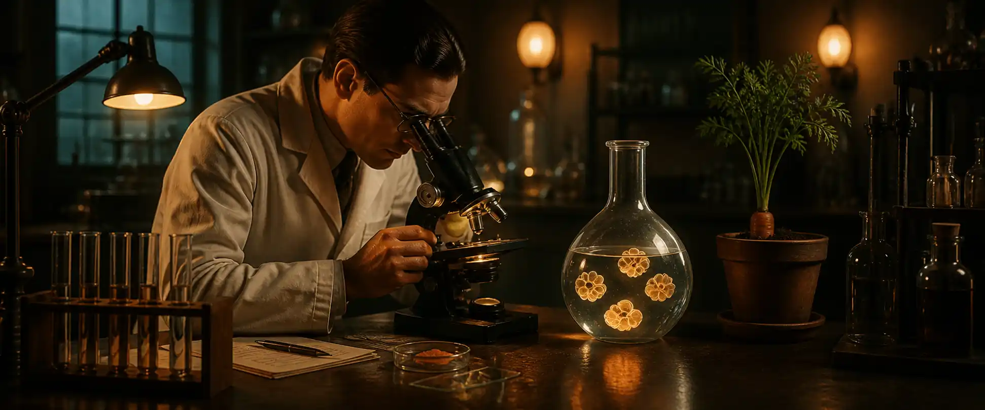 A scientist in a lab examining carrot root cells under a microscope, with a glowing carrot plant visible behind