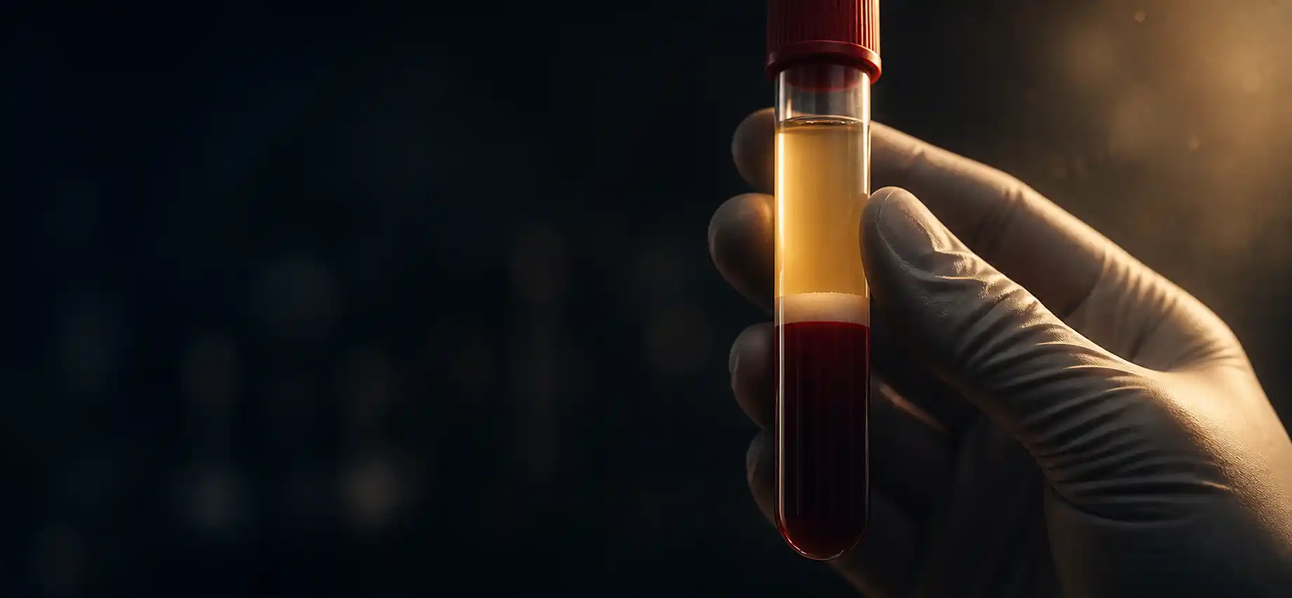 A test tube of blood with three layers separating — clear plasma on top, pale layer in middle, packed red cells at bottom