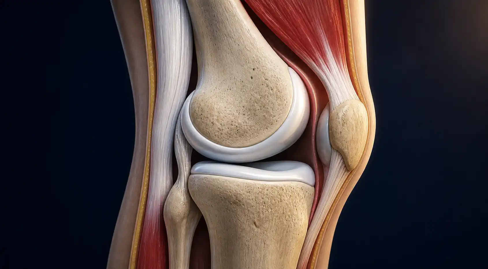 Close-up of a human knee joint shown in cross-section, ivory-white bones meeting at smooth white cartilage cushions, with red muscle attaching via tendon and pale ligaments wrapping around