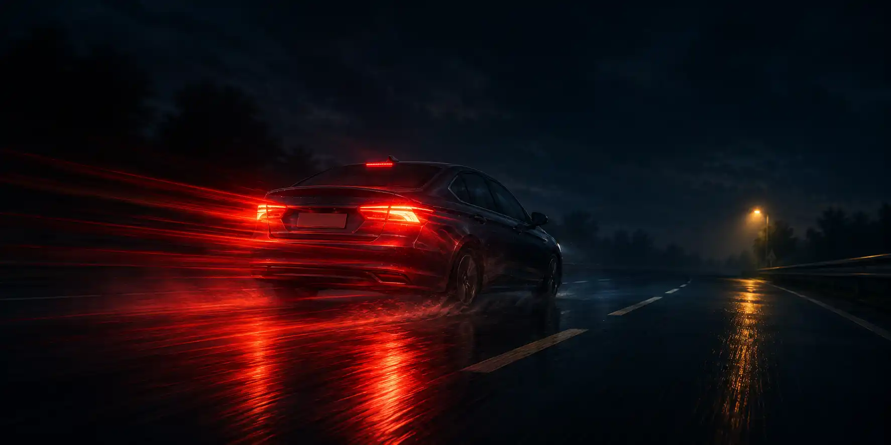 A car at night with bright red glowing brake lights and motion blur, conveying sudden deceleration